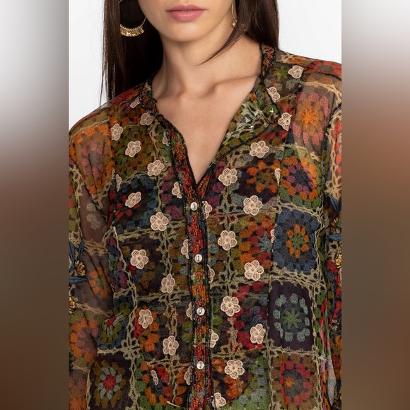 New! Johnny Was Flavie Mesh Embroidered Crochet 3D Flower Blouse 🌻 Medium - Picture 7 of 16